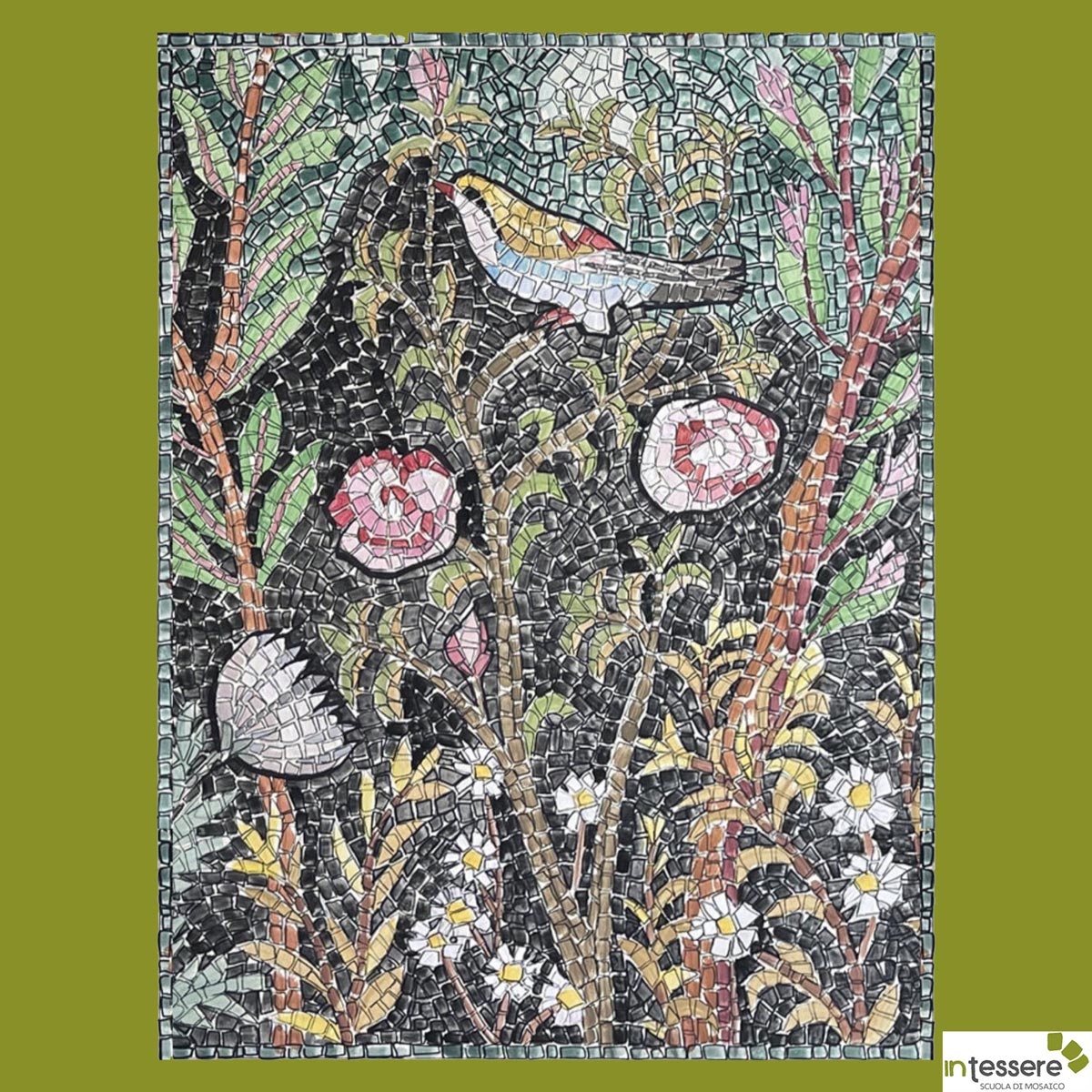 Pompeii Garden drawing for a DIY mosaic kit in marble. Flower and a bird