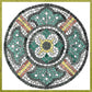 Disegno preparatorio per un mosaico rotondo con un fiore gigliato nel mezzo verde, bianco, rosa e nero