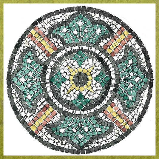 Disegno preparatorio per un mosaico rotondo con un fiore gigliato nel mezzo verde, bianco, rosa e nero